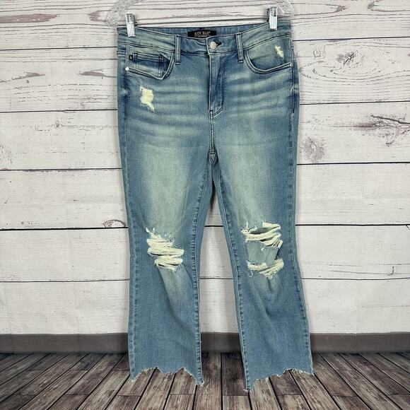 Judy Blue Pants - Judy Blue Jeans Womens 29 Blue Straight Crop Distressed Comfort Shaping Stretch